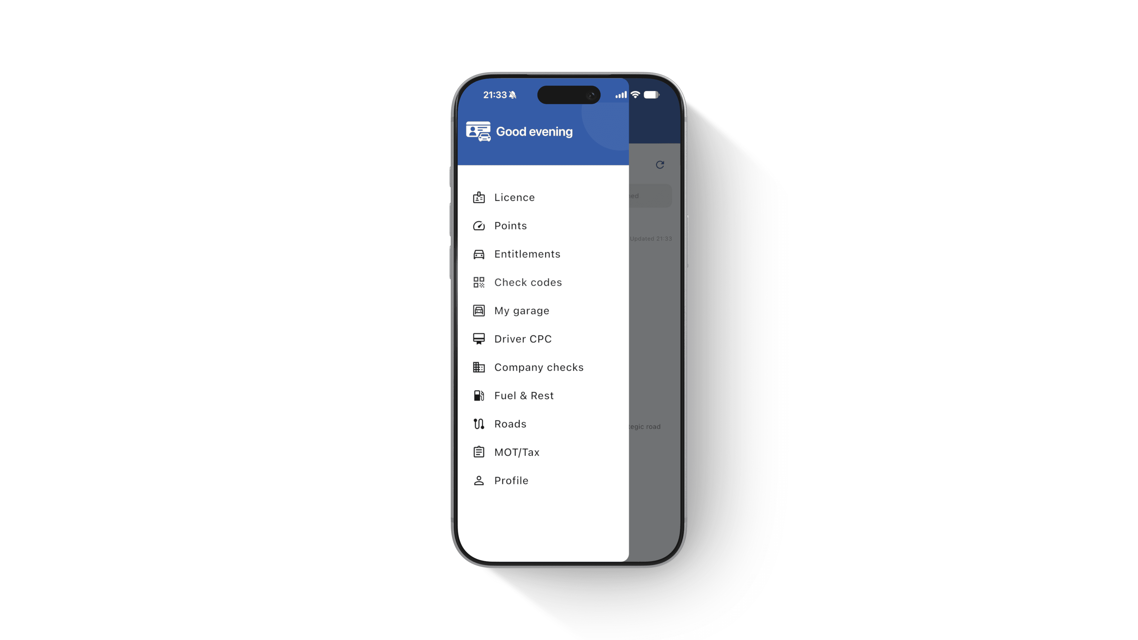 Driver Codes app menu with check codes and licence tools